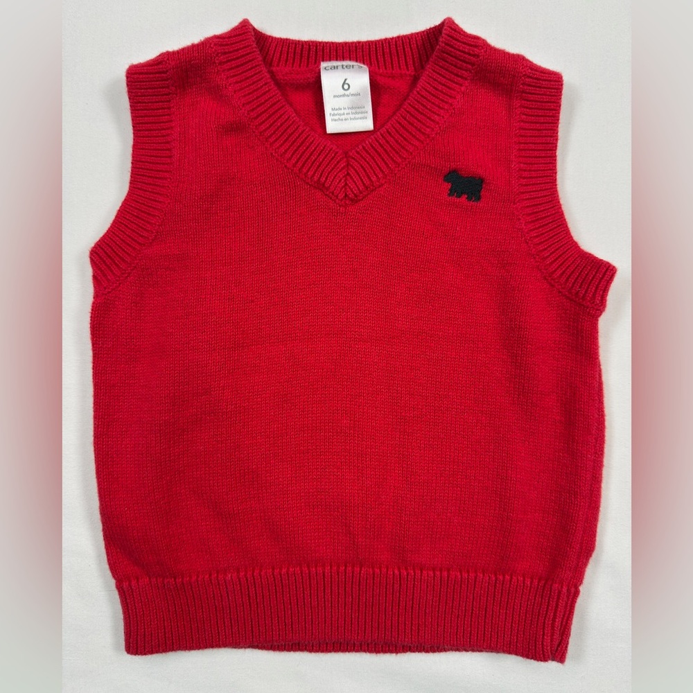 CARTERS Baby‎ Boys Knit Sweater Vest Size 6 Months Red Bear Classic Preppy